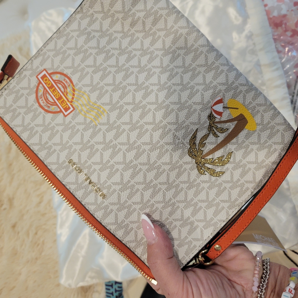 Michael Kors Beige and Orange Wristlet Clutch